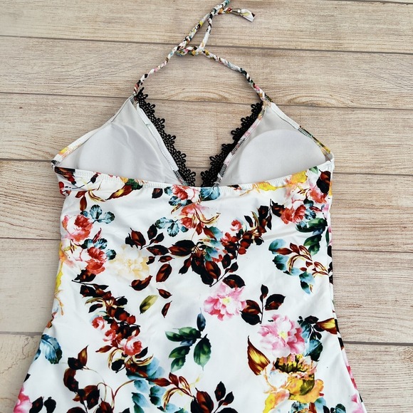 Women's Black Lace One-Piece Swimsuit Deep V Halter Open Back Size L - Picture 9 of 16